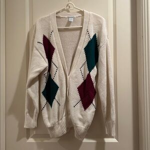 Jamie Scott Argyle Knit button down Cardigan Sweater Chunky women’s size M cream